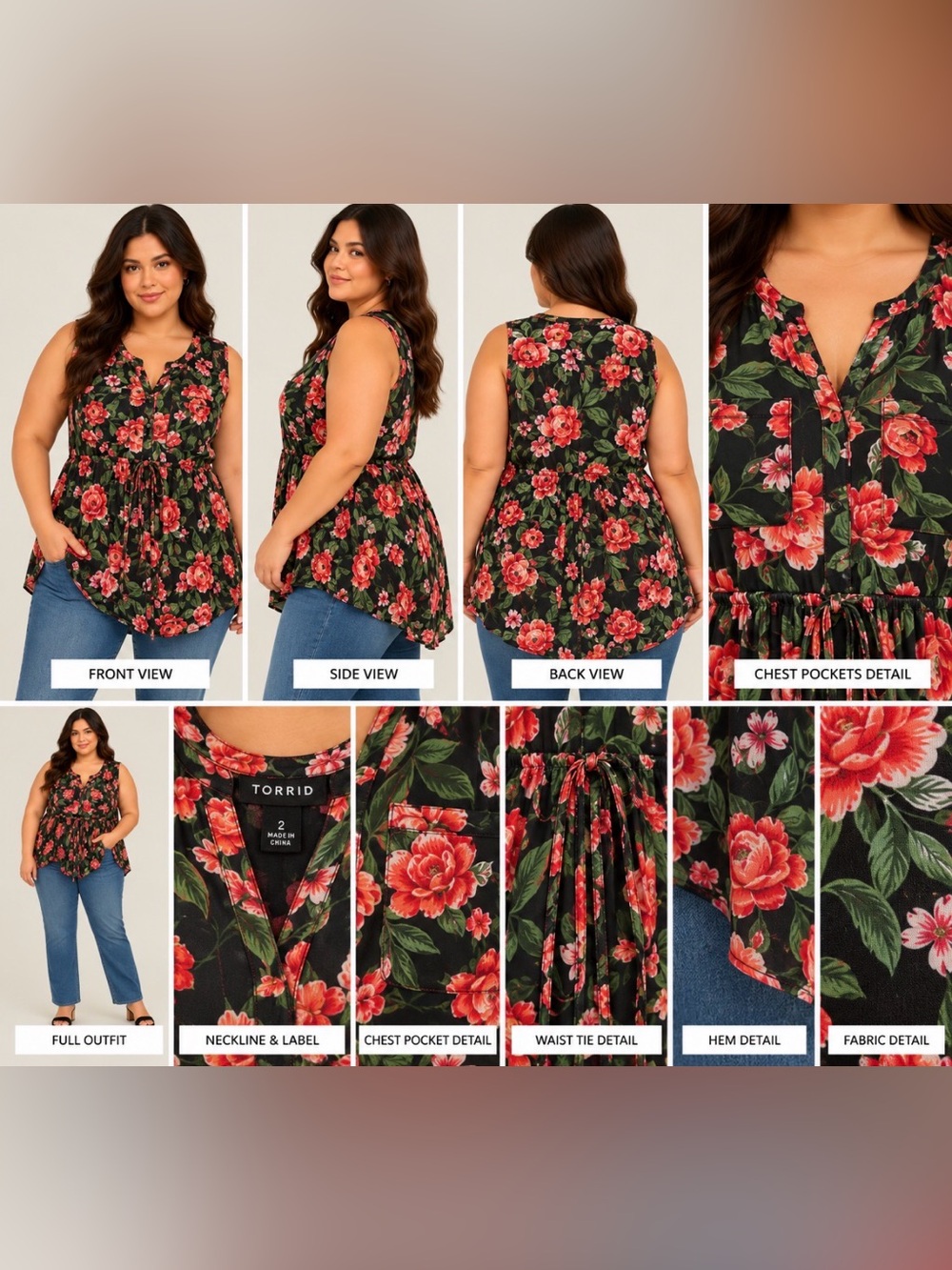 torrid Floral Sleeveless Tank in Black with Pink & Green Print